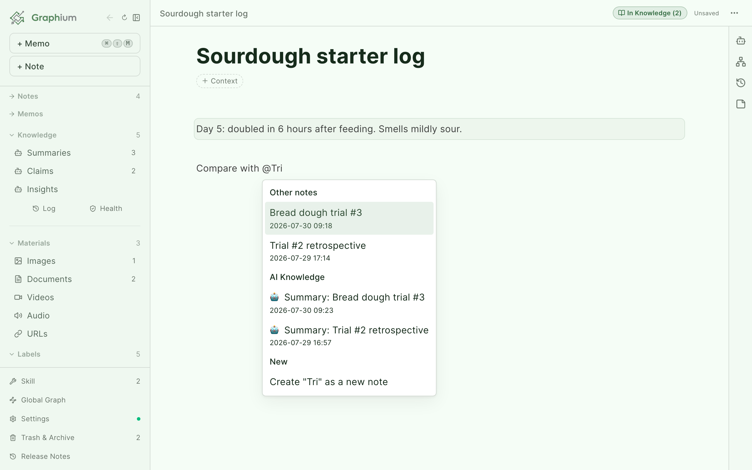 The @ menu grouped by other notes, AI knowledge, and create-new