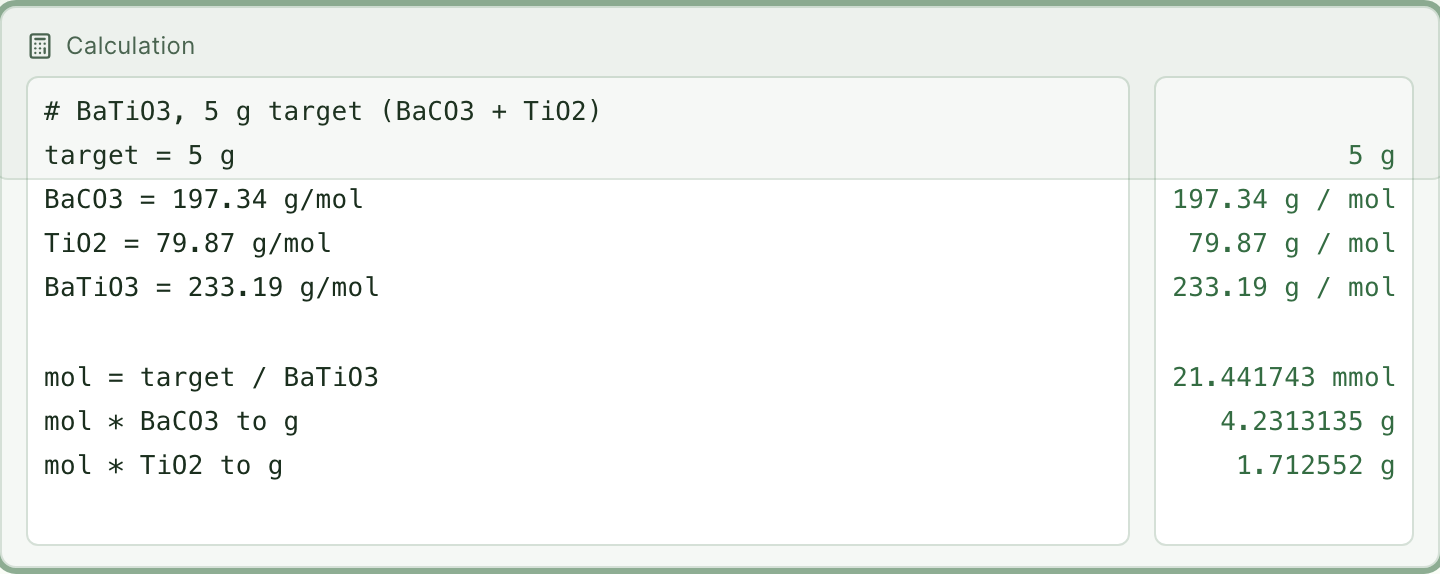 A calculation block: expressions on the left, live results on the right