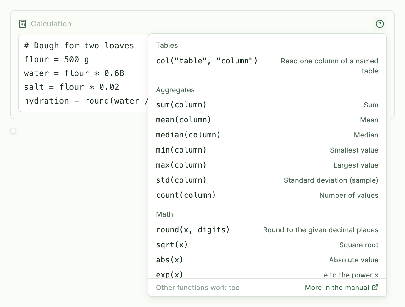 The Functions and syntax list opened from the ? in a calculation block