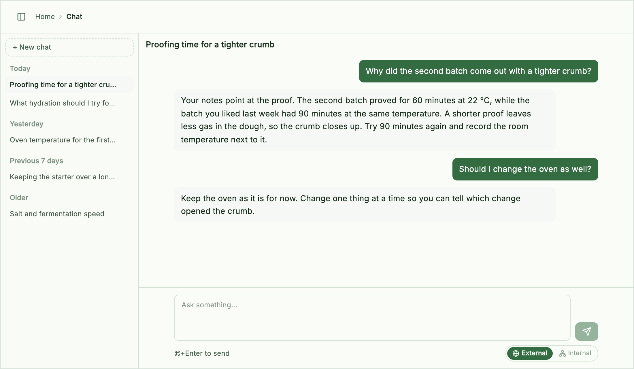A conversation selected in the chat list, with the input at the bottom and External chosen on the Grounding chip