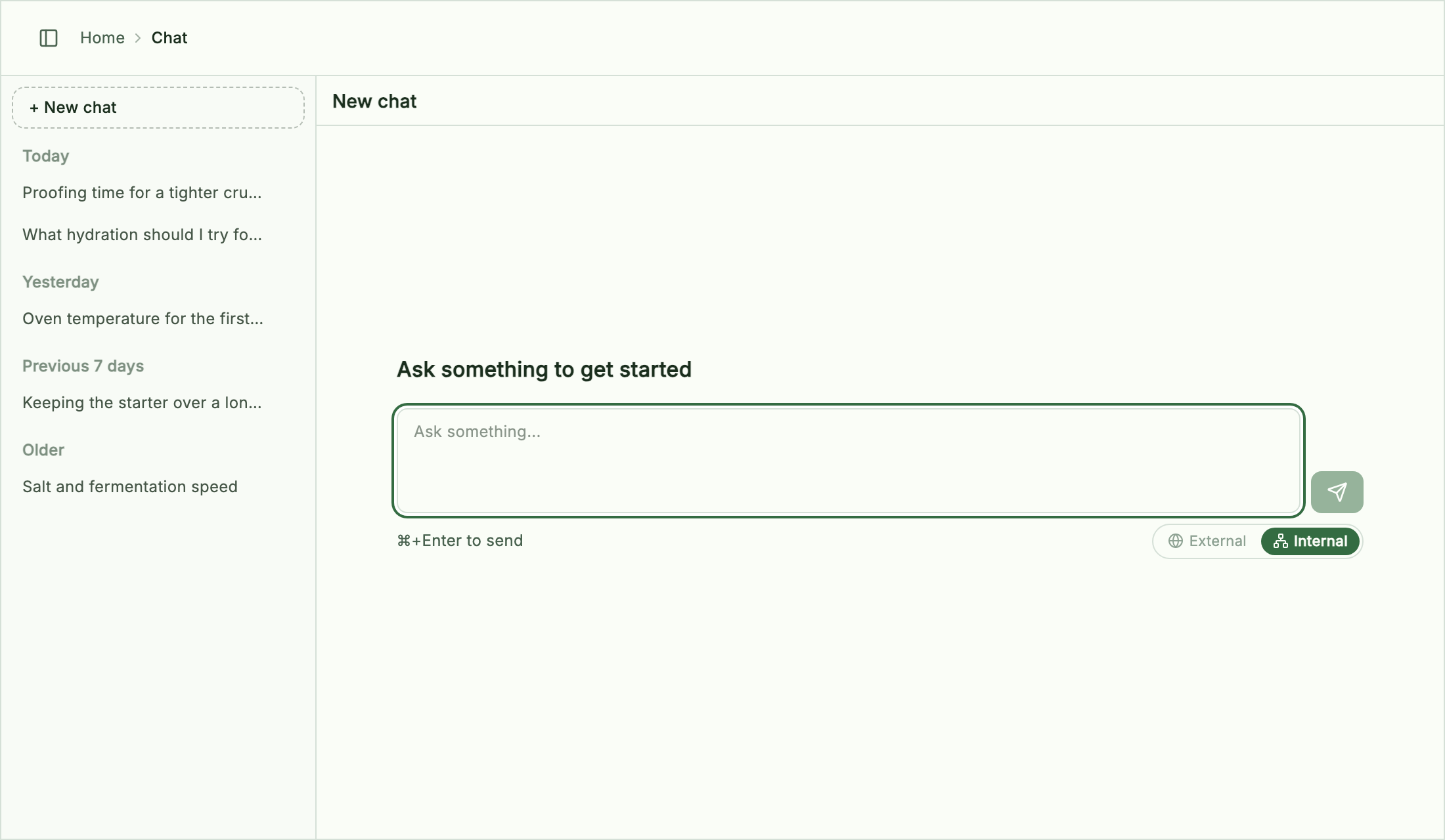 The Chat screen: the chat list grouped by date on the left, and a new chat on the right with the input and the Grounding chip in the middle