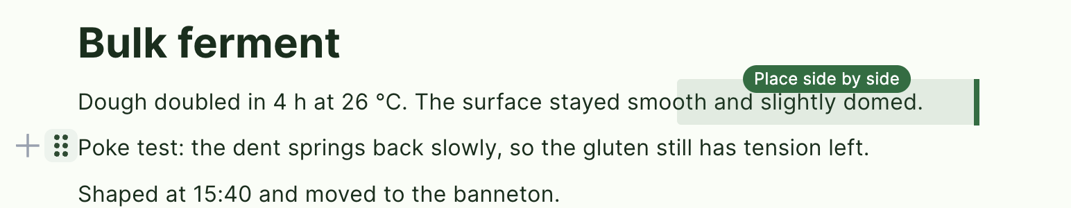 Dragging the "Poke test" line onto the right edge of the paragraph above it; a green band labeled "Place side by side" and a vertical line mark where it would land