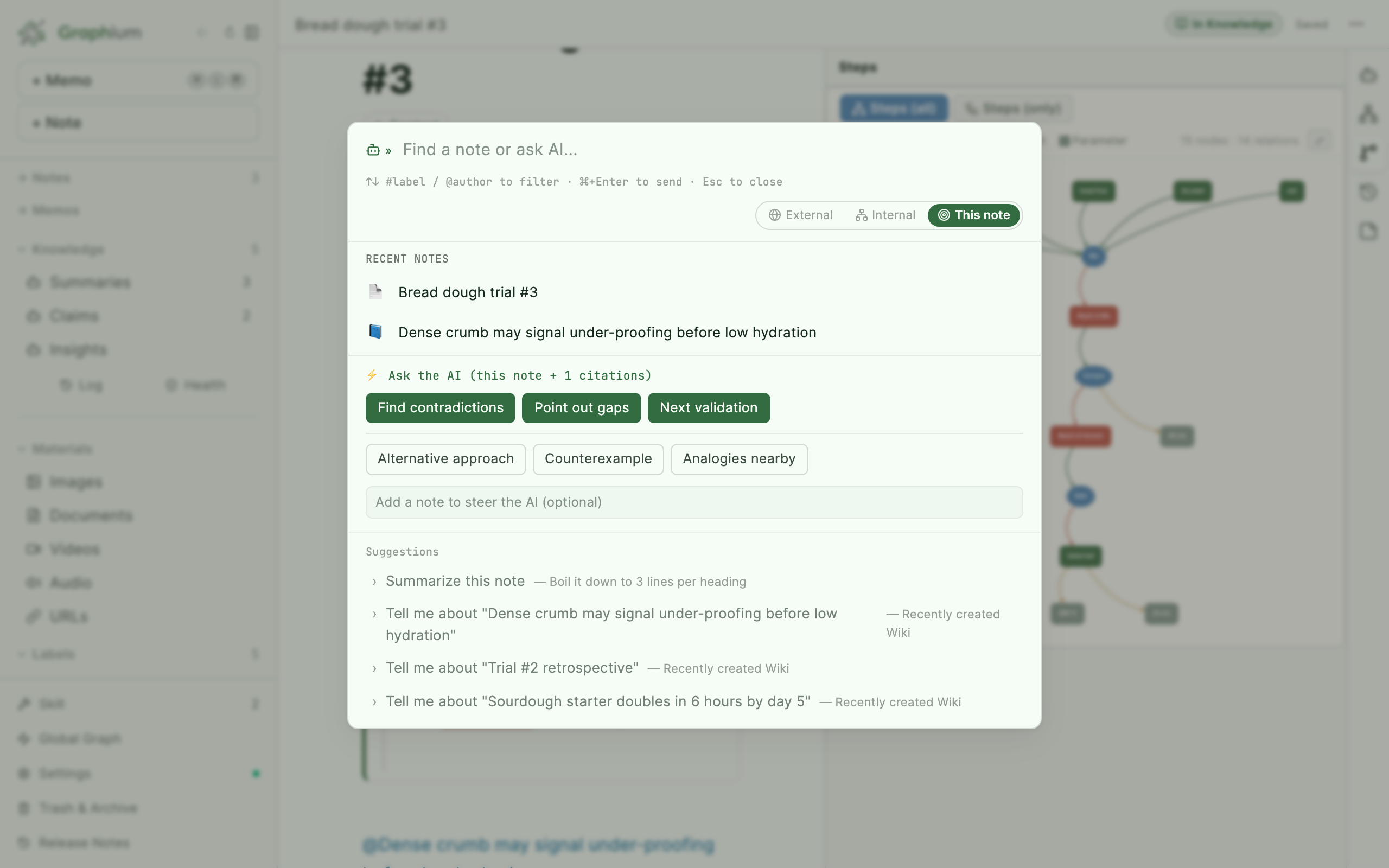 Composer palette with the verb menu on a note with citations