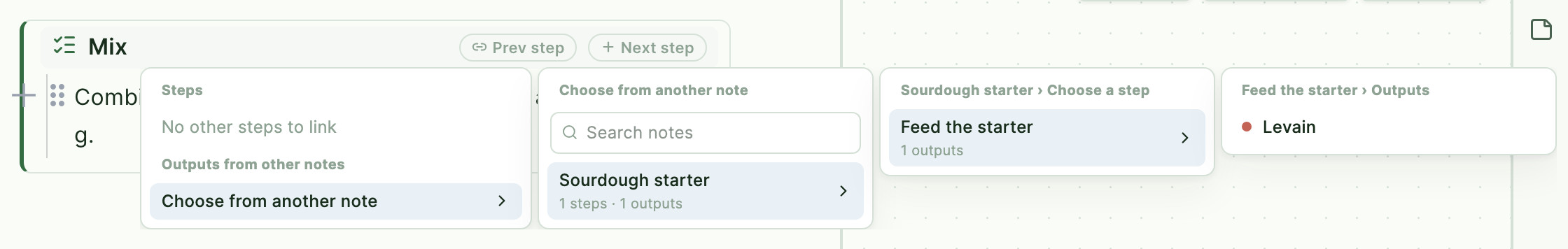 Choosing an output from another note: the picker cascades Note → Step → Output