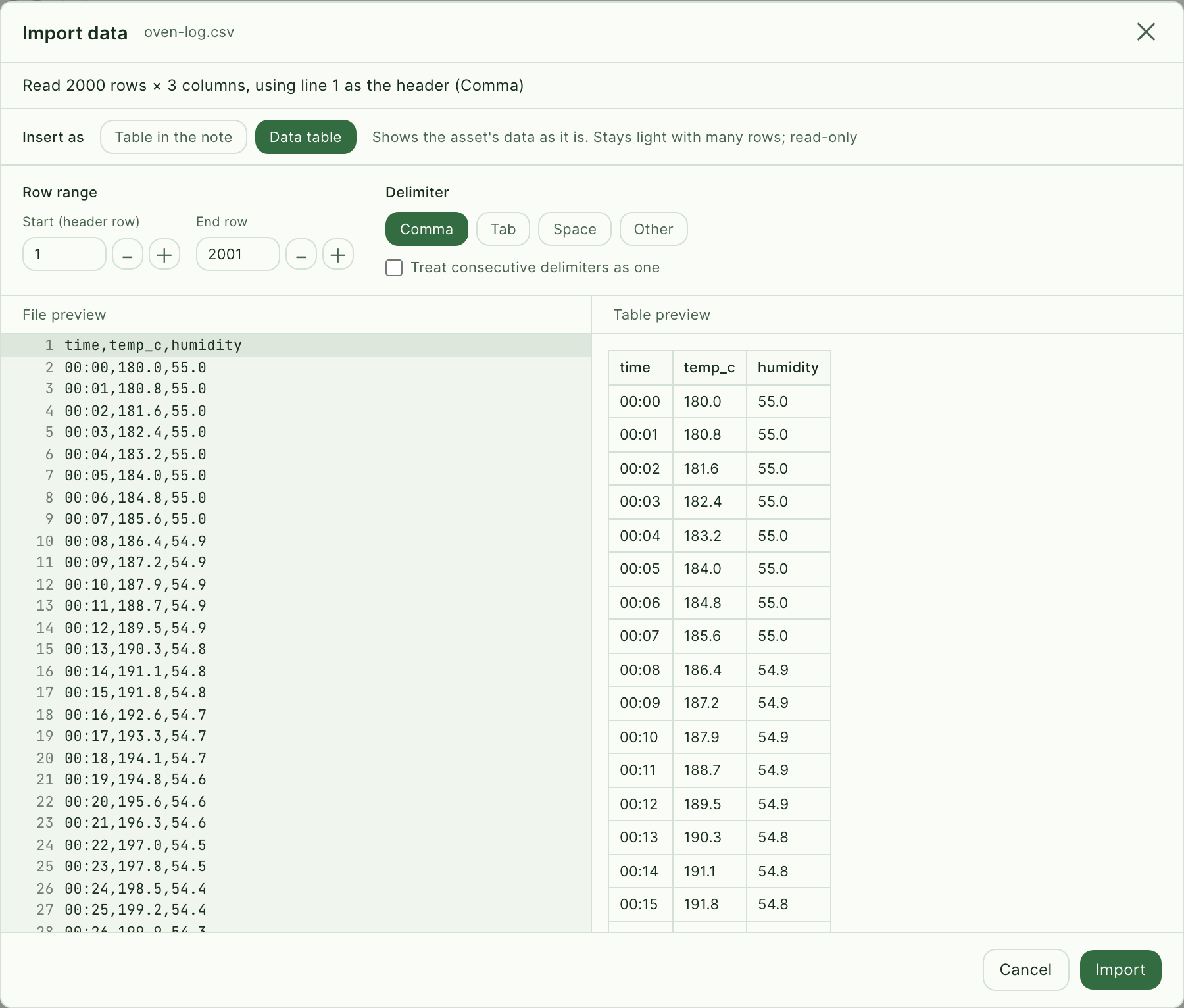 The import screen asks whether to insert a data table or a table in the note