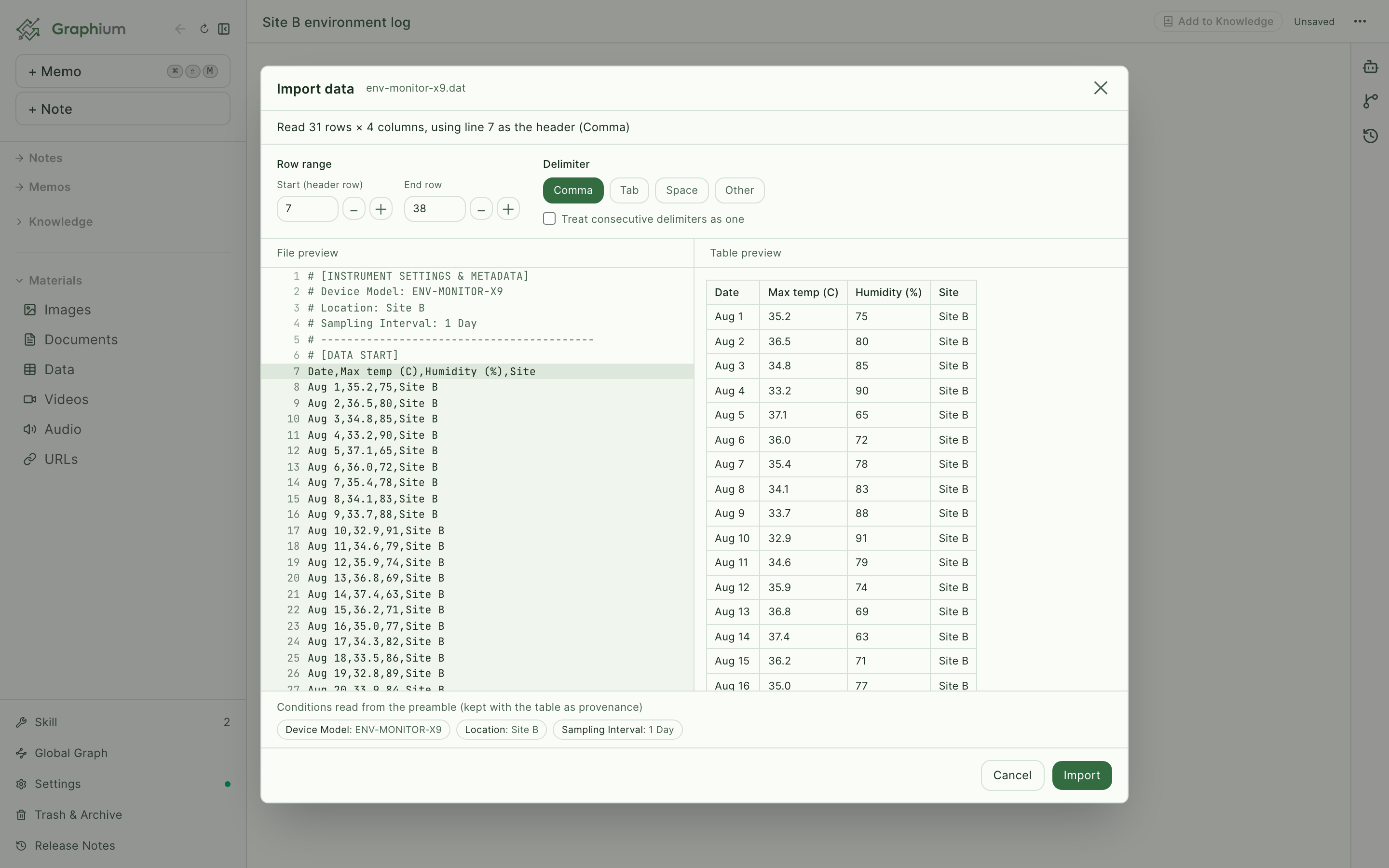 The data import screen: the original file on the left, the resulting table on the right