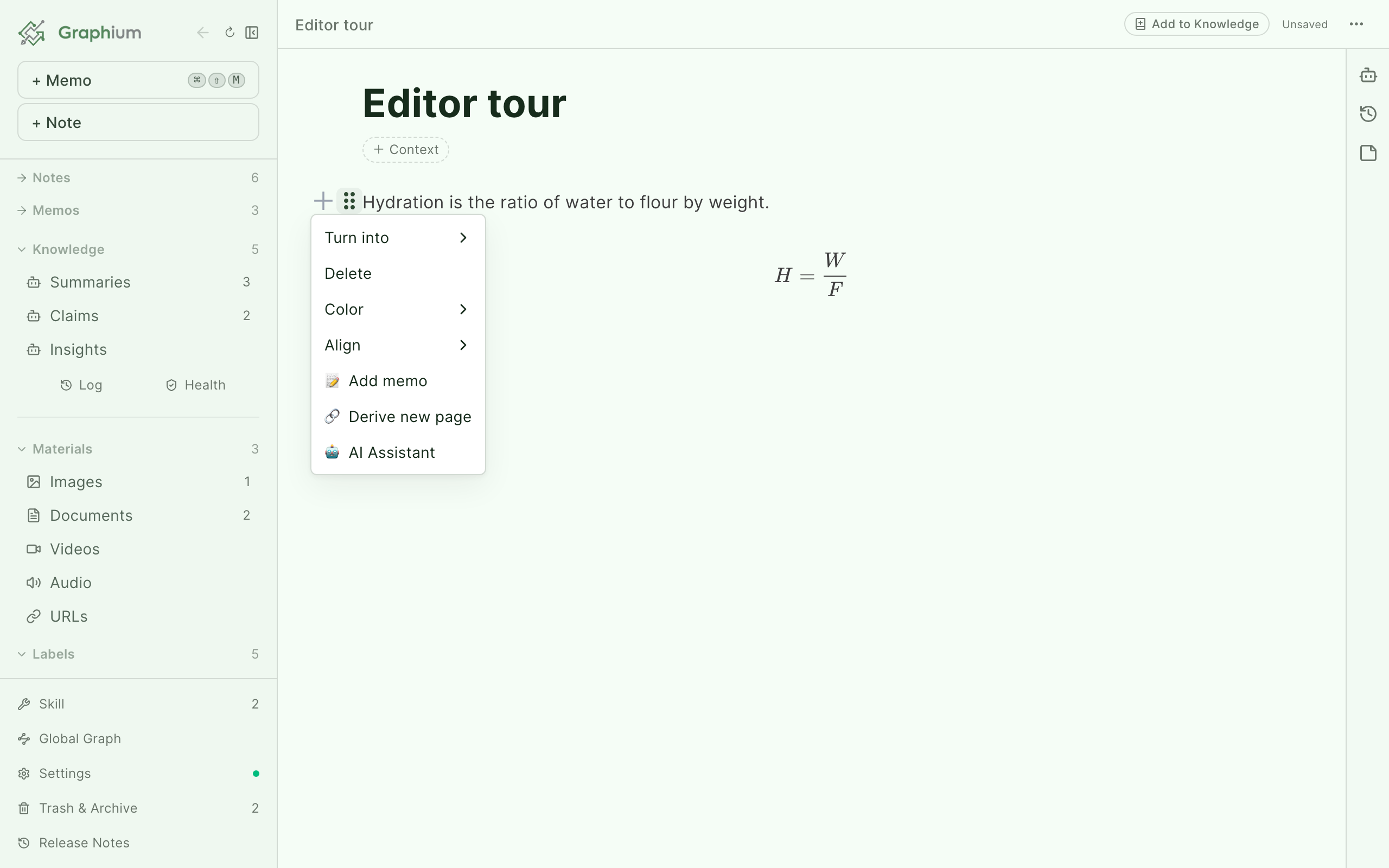 The drag-handle menu on a paragraph