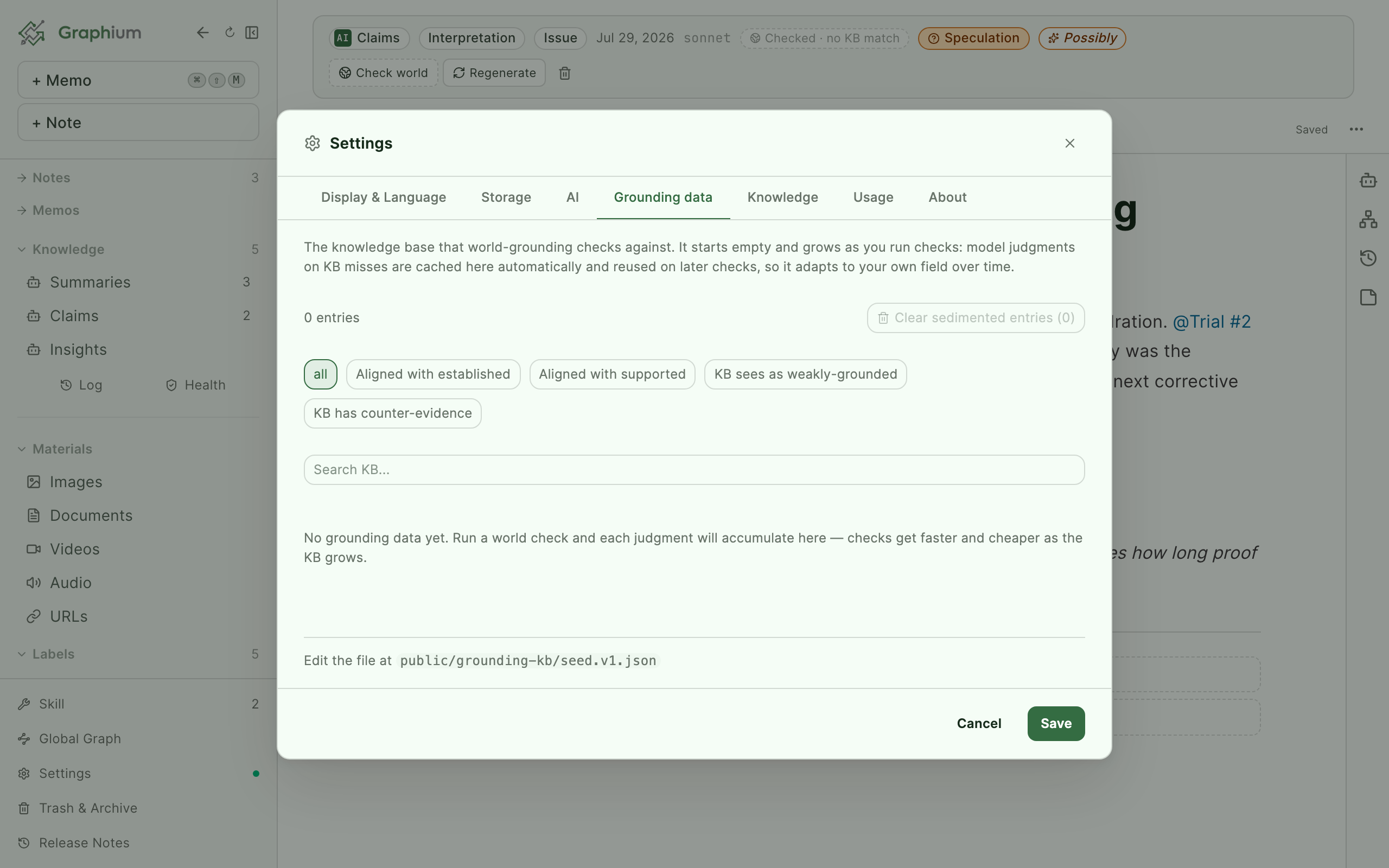 The Grounding data tab in Settings, listing cached KB entries with verdict filters