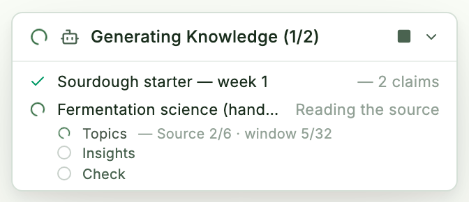 The ingest toast reading a long handbook, its Topics stage counting Source 2/6 · window 5/32, with the Stop button in the header