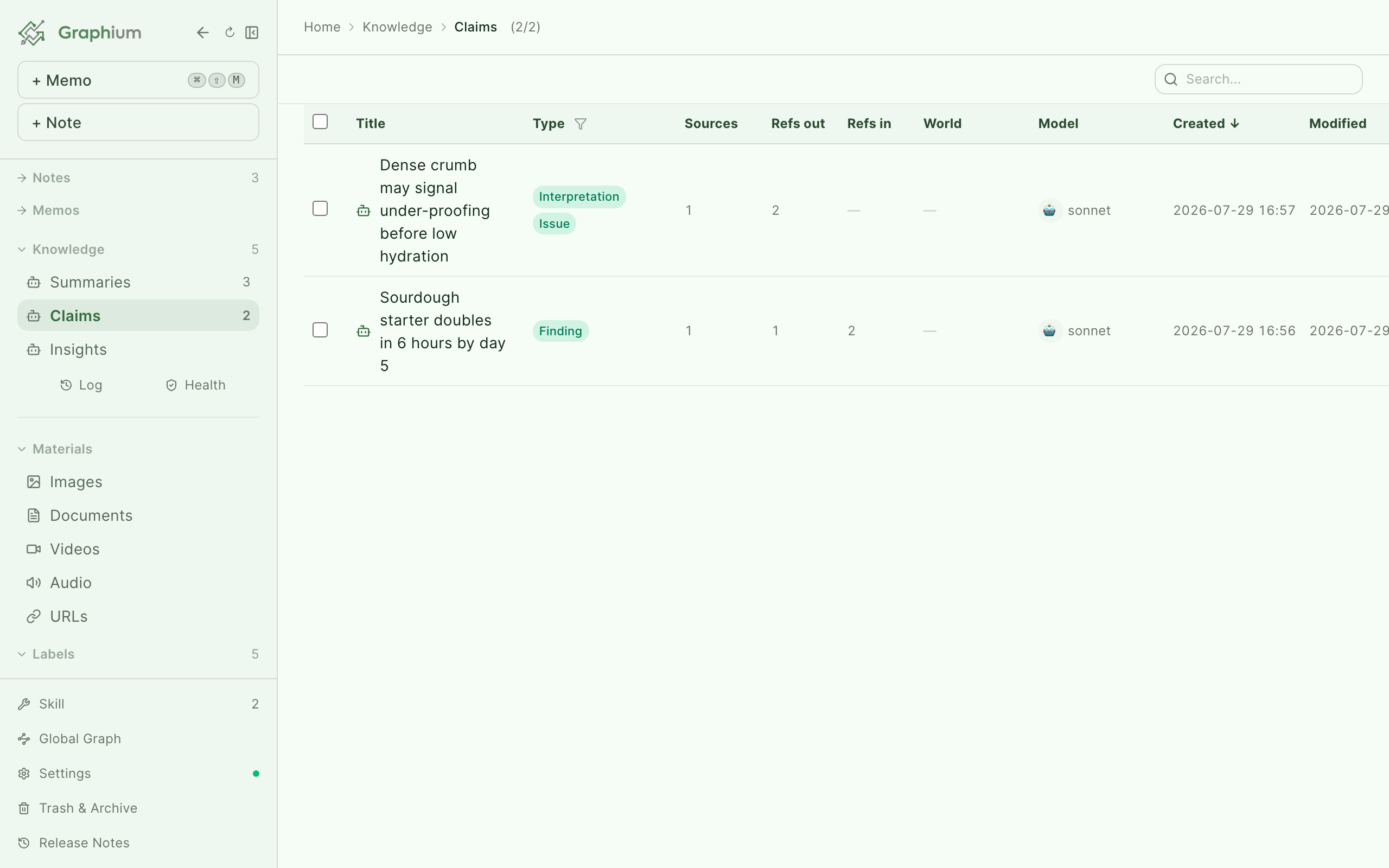 Knowledge list view showing claims with type, sources, and status columns