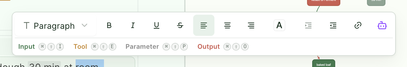 Floating toolbar label buttons with keycap shortcut hints