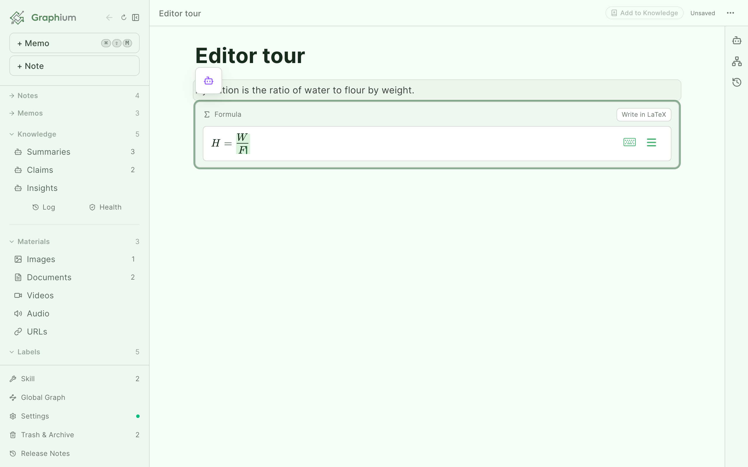 The formula editor in visual mode, with a toggle to LaTeX