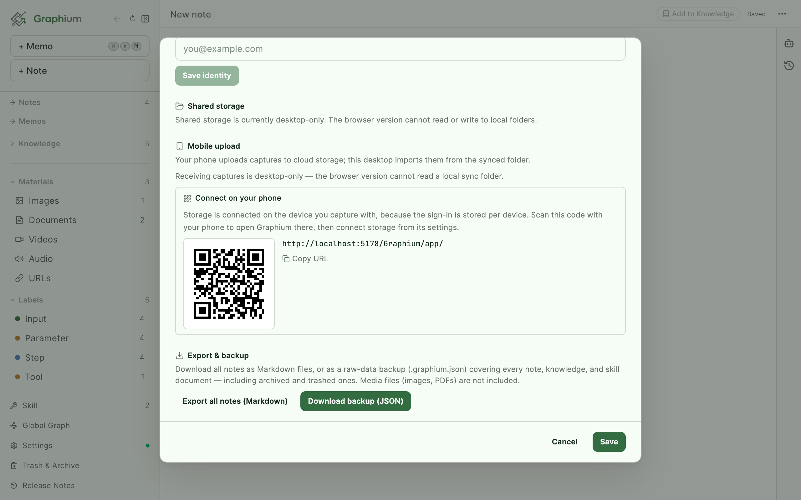 The Mobile upload section in Settings → Storage, with the QR code that opens Graphium on your phone
