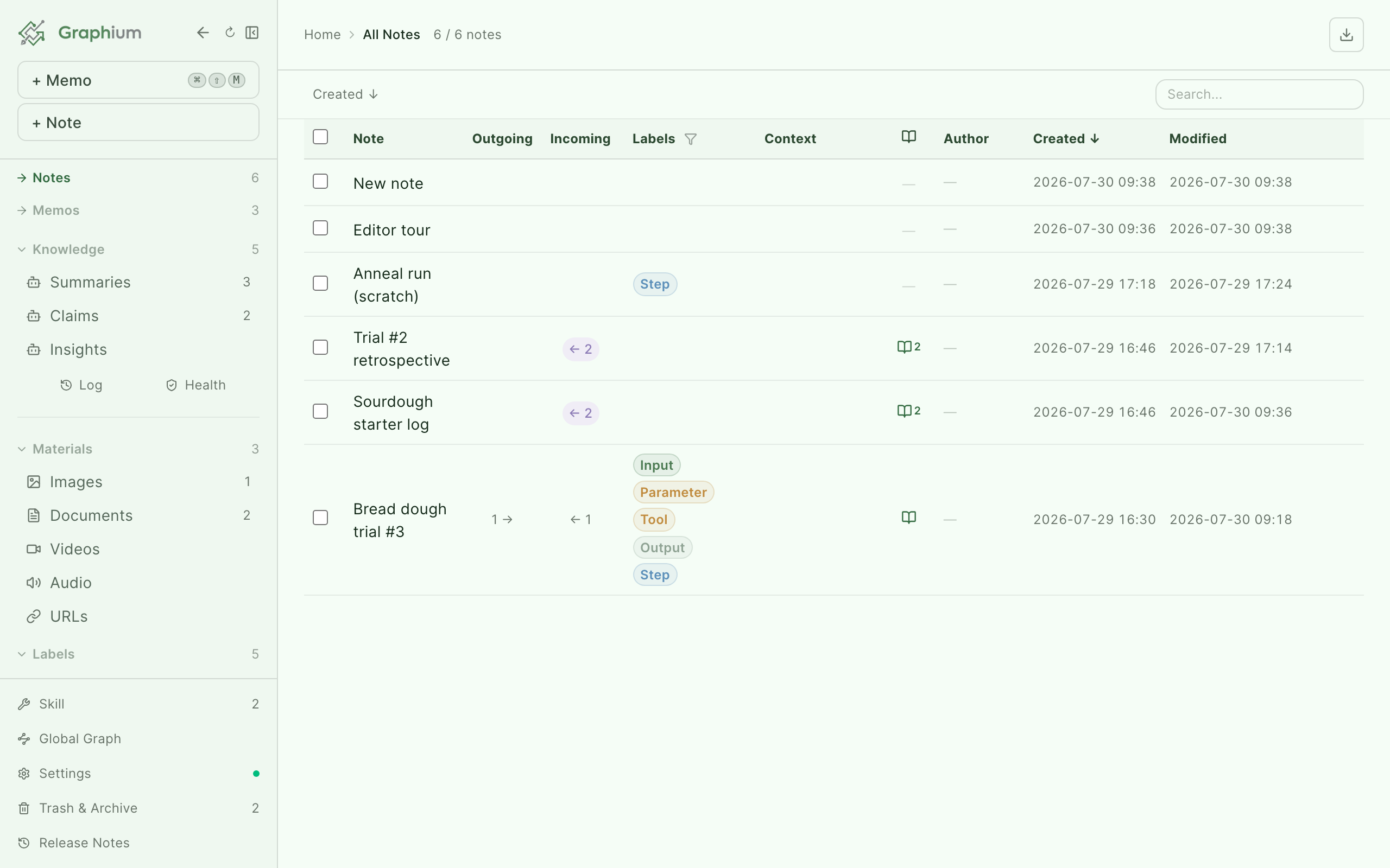 The notes list with link counts, labels, and context columns