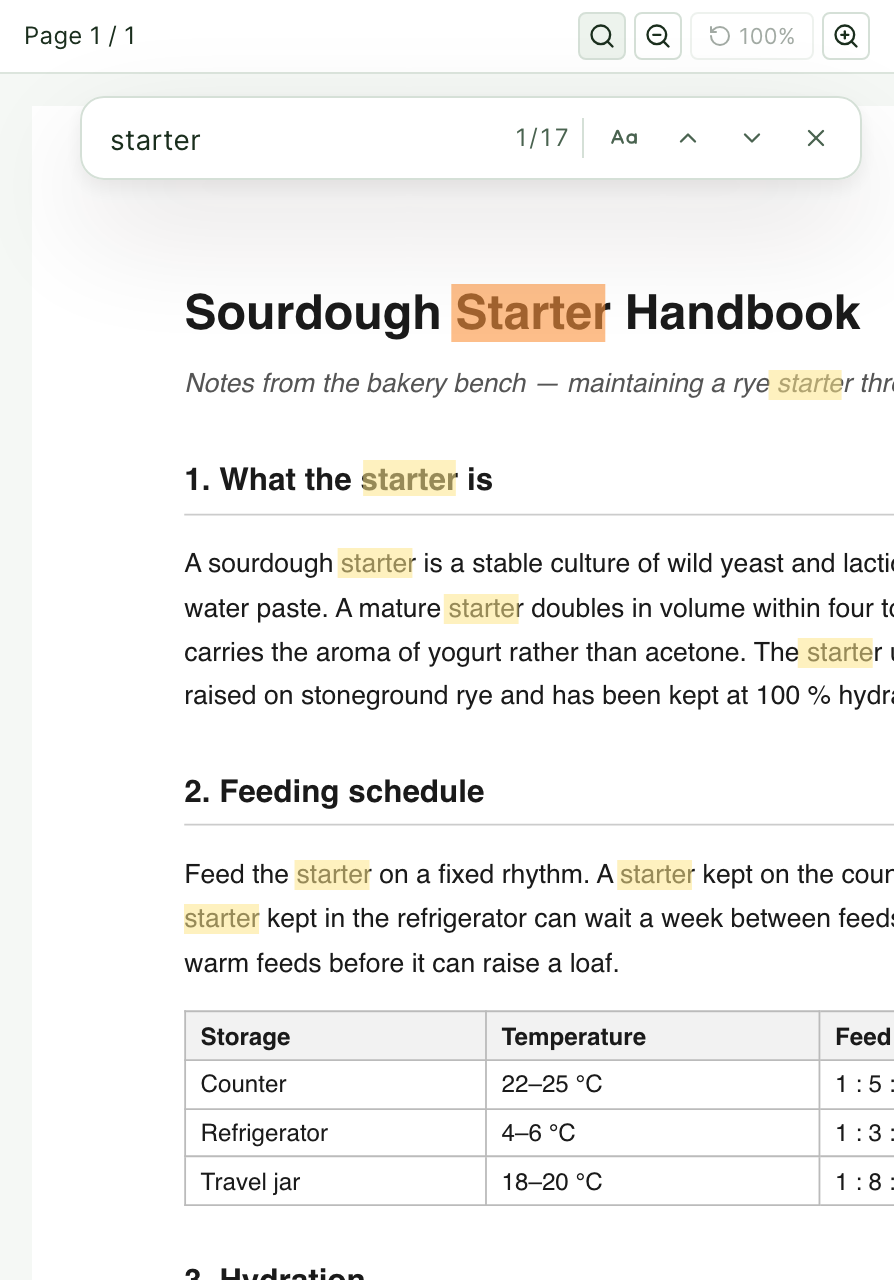 Find in PDF: the search bar over a material PDF, with every match highlighted and the current one in orange