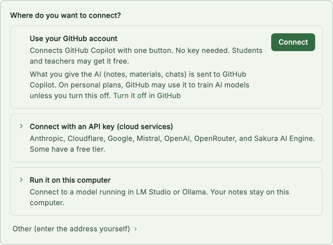 Where do you want to connect? — Use your GitHub account (Connect), Connect with an API key, Run it on this computer, and Other