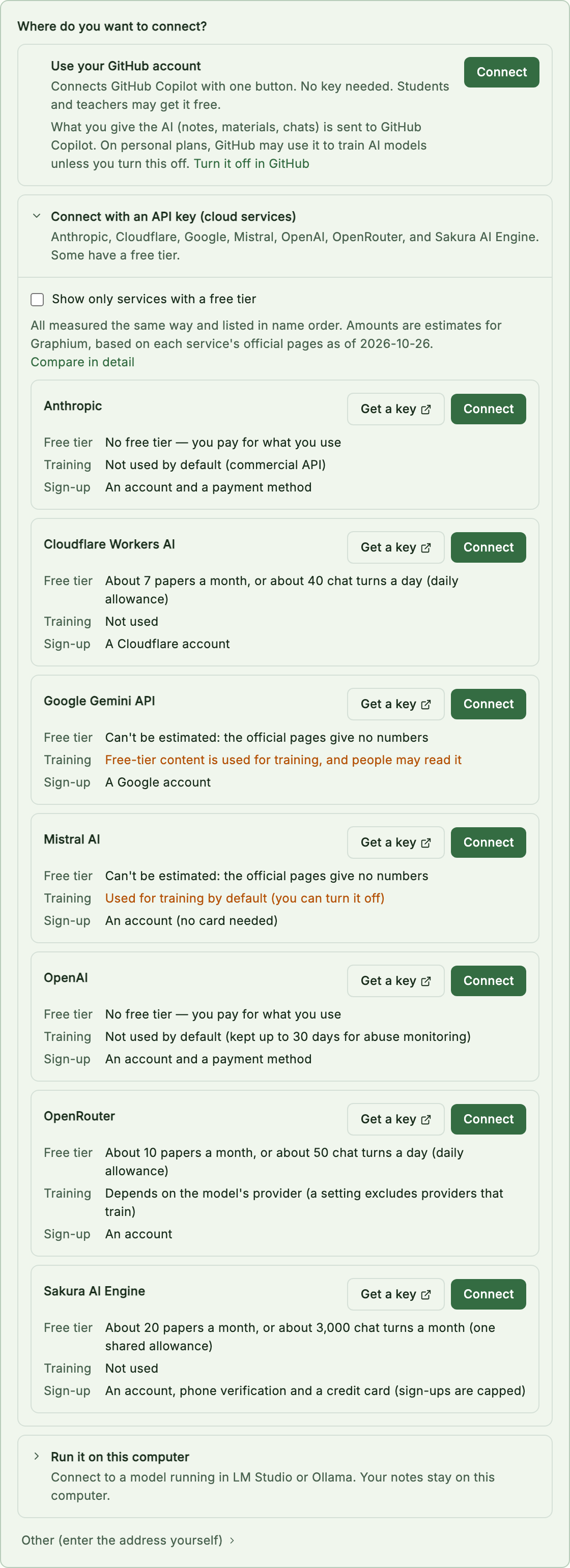 The list of cloud services you connect with an API key: "Show only services with a free tier" at the top, and each service with Free tier, Training, and Sign-up