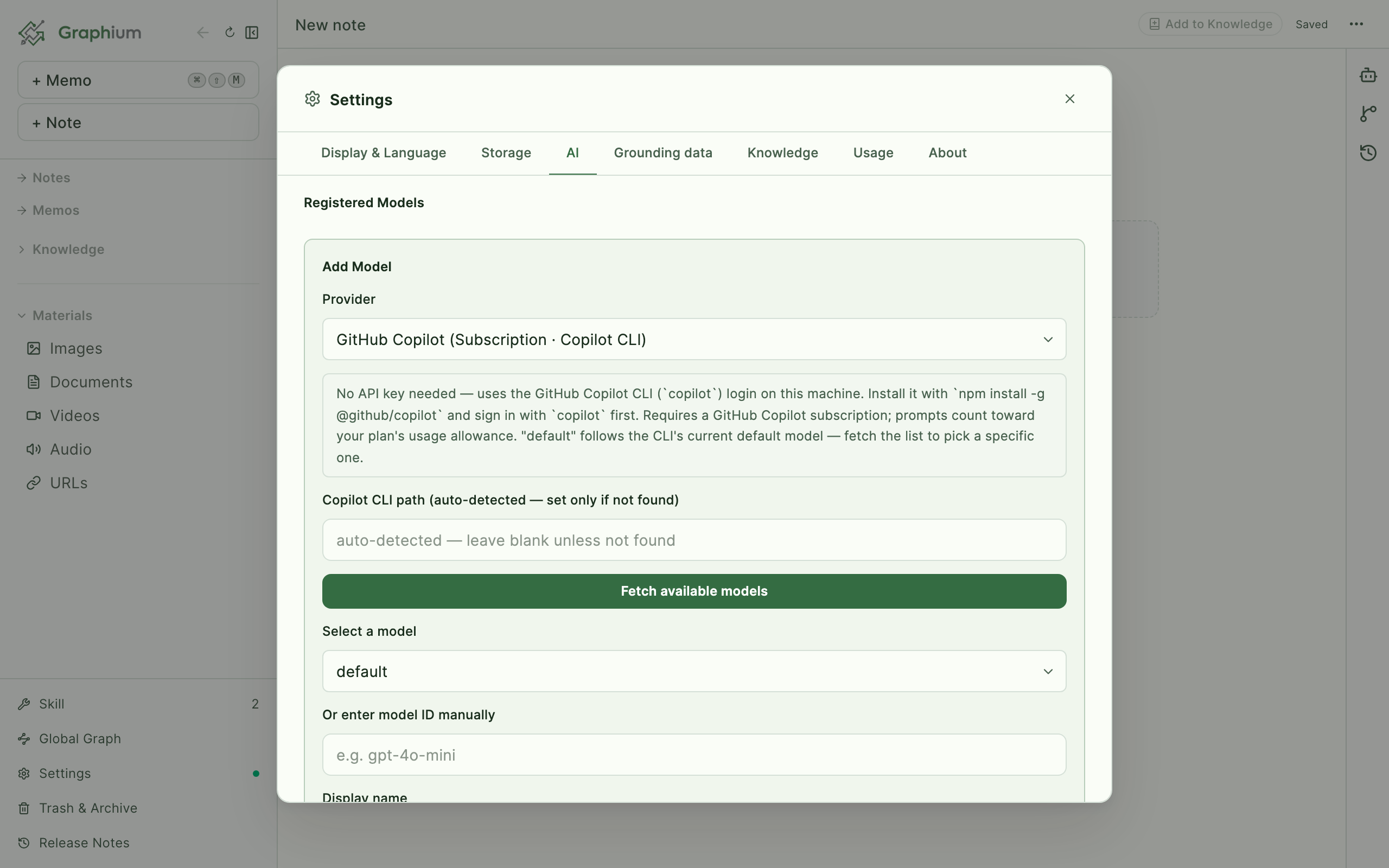 Add Model with the GitHub Copilot subscription provider selected — no API key field