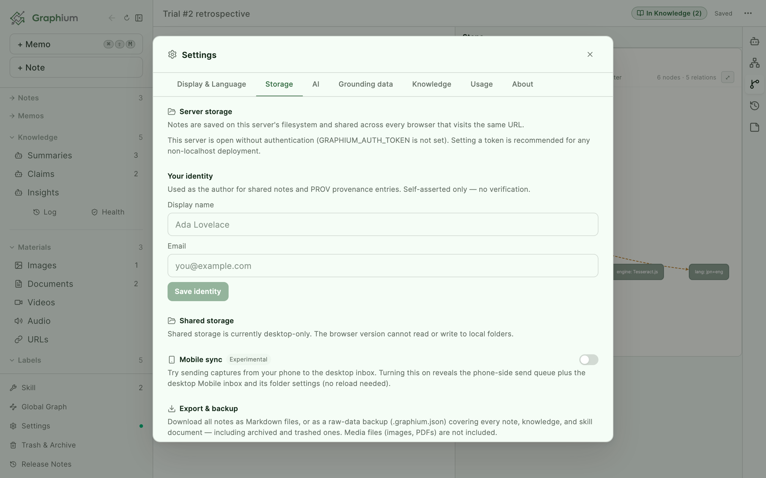 Storage tab of the settings dialog with save location, identity, shared storage, and export sections