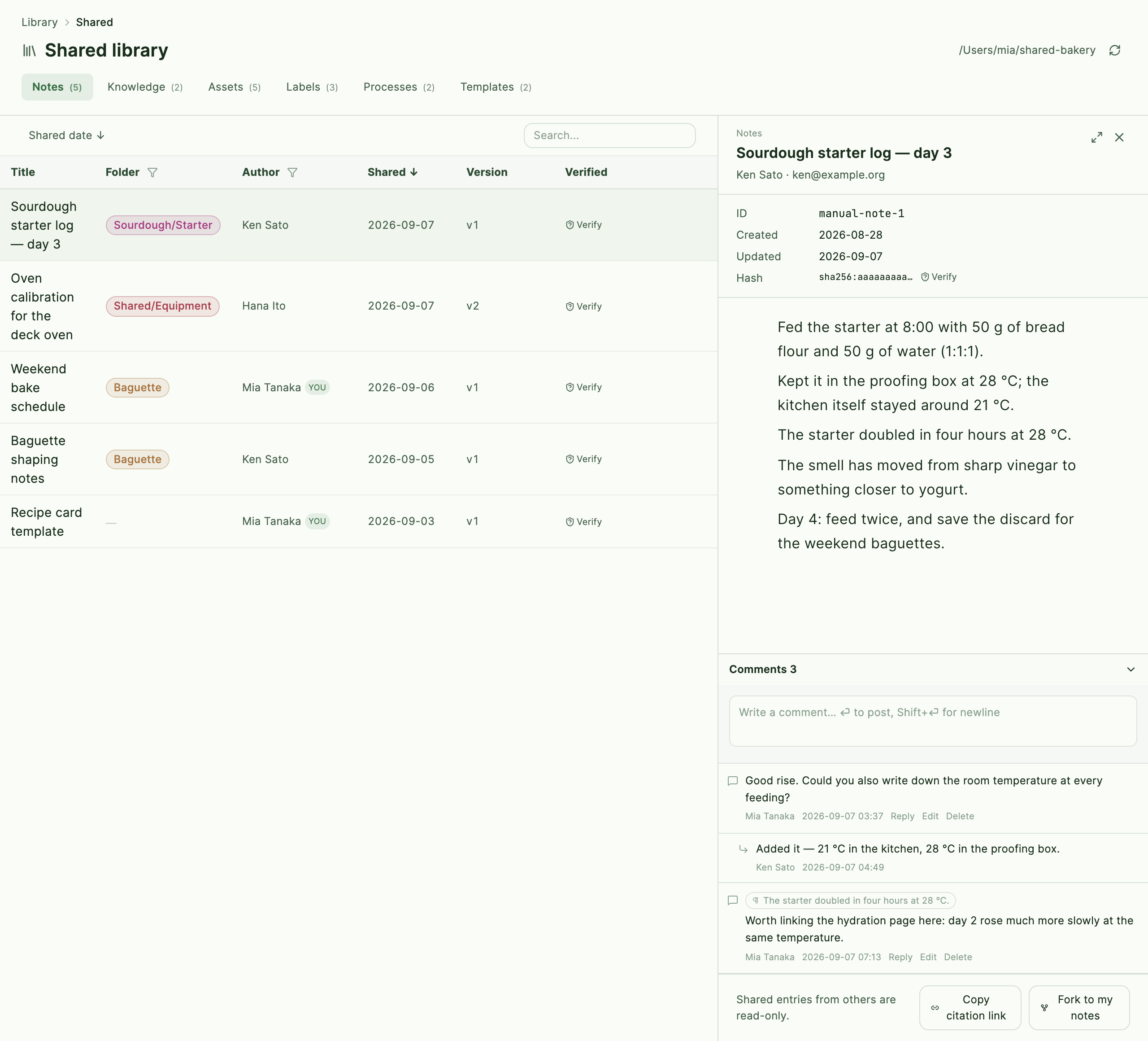 A shared note's detail panel with its comment thread docked below the preview