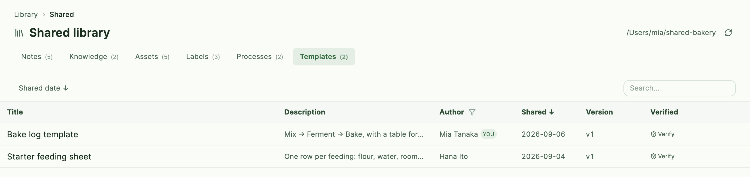 The Templates tab of the shared library, with a Description column in place of Folder