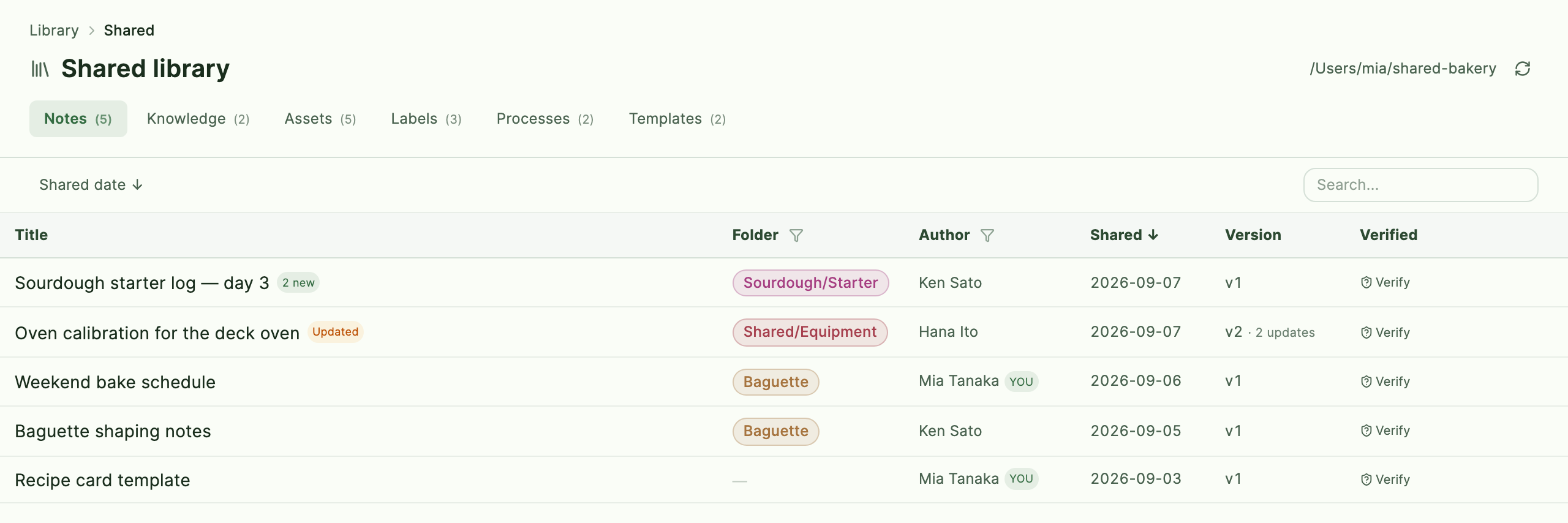 Rows in the shared library marked Updated and with a new-comment count
