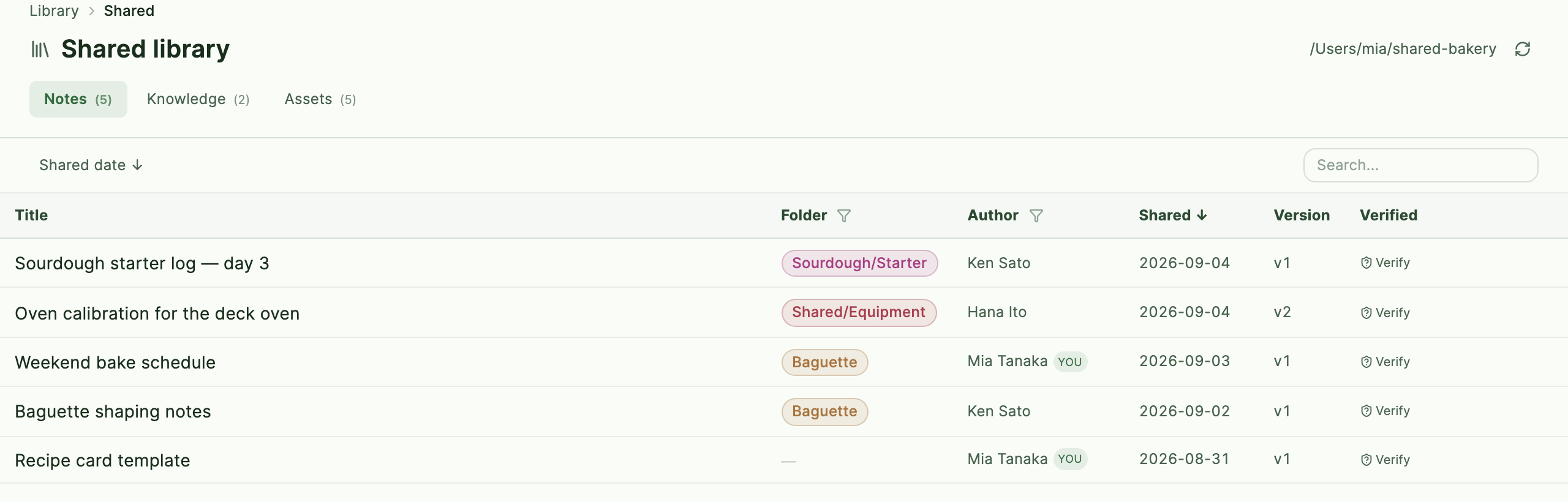 The shared library as a table: notes with folder, author, shared date, and version columns