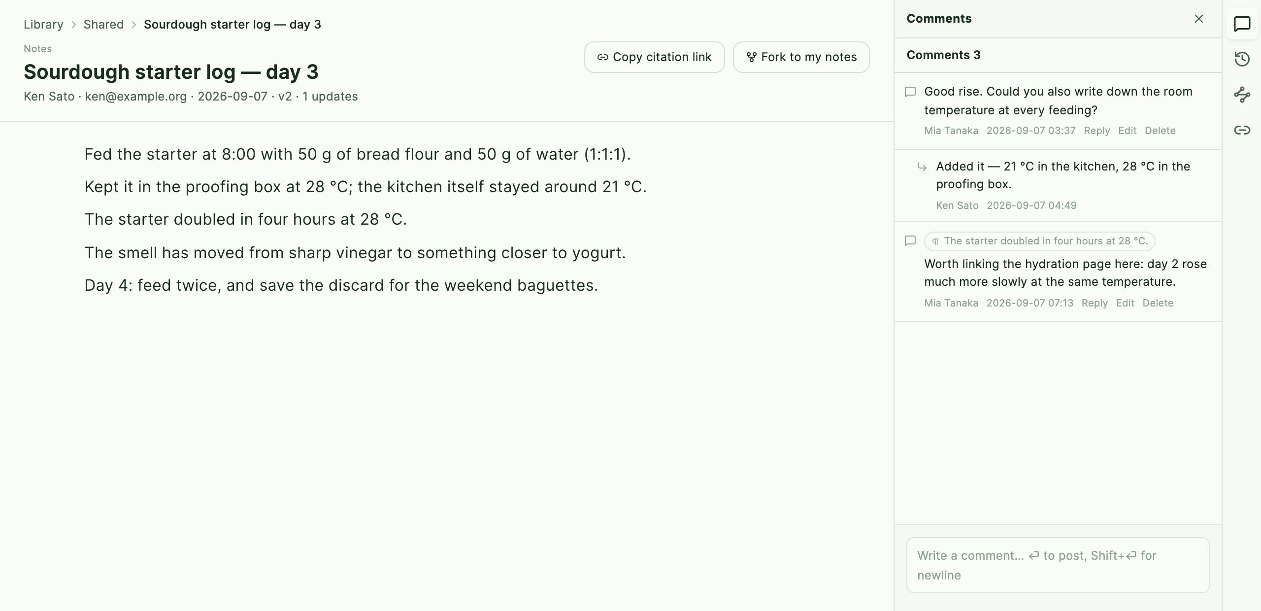 The full view of a shared note, with the comments rail open on the right