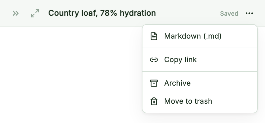 The ⋯ menu in a note's side peek: Markdown (.md), Copy link, Archive, and Move to trash