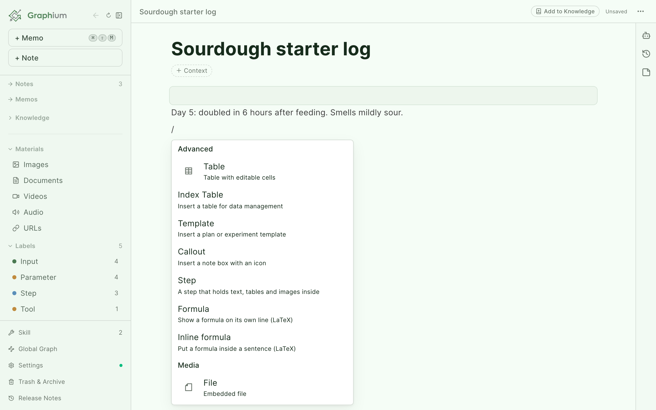 The slash menu showing the Advanced and Existing media groups
