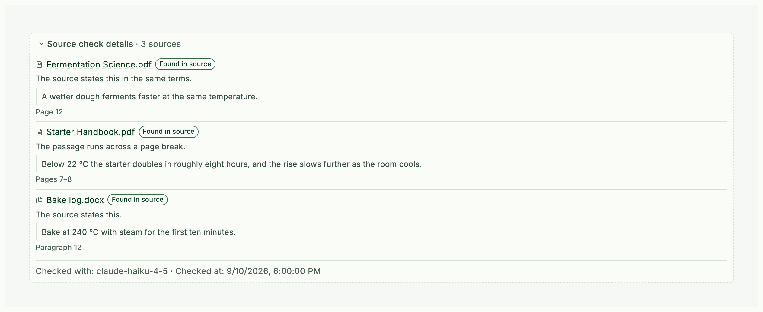 Source check details listing three sources, each quote followed by where it sits: Page 12, Pages 7–8, Paragraph 12