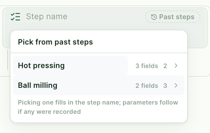 The list of past step names, opened from the icon