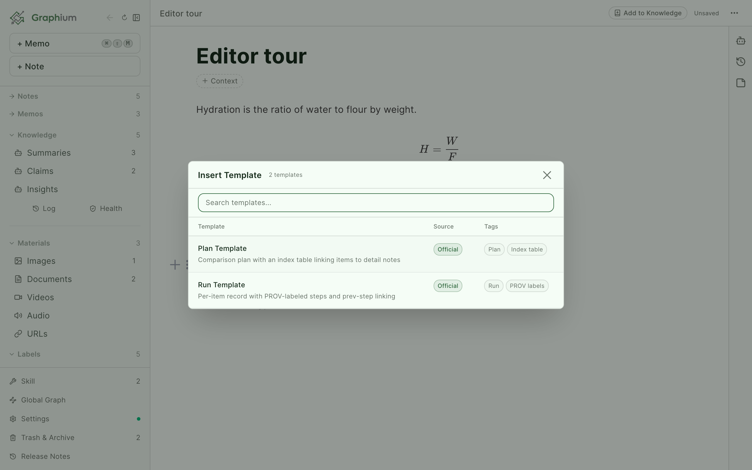 The Insert Template modal with the Plan and Run templates
