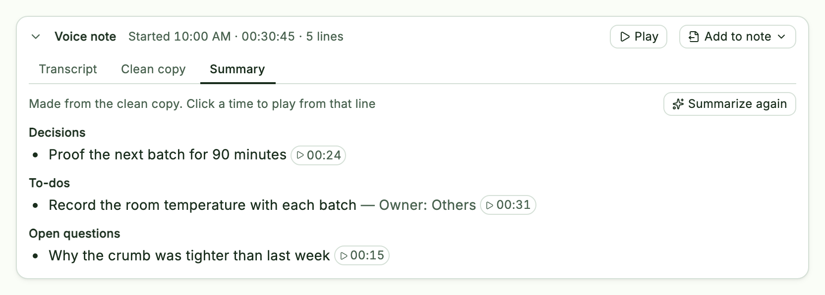 A finished voice note block: the Transcript, Clean copy and Summary tabs, Play and Write out