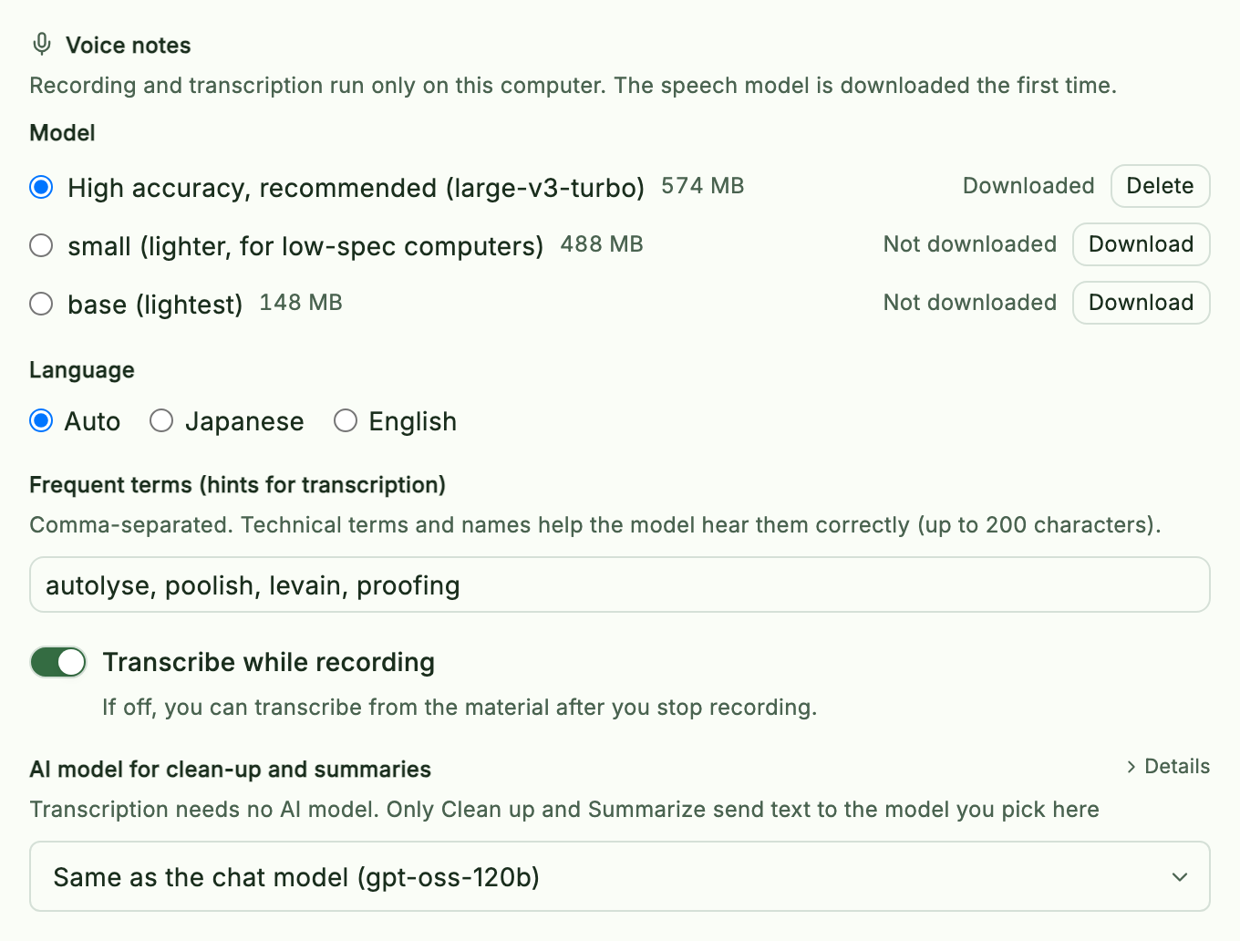 Settings → AI → Voice notes: model, language, frequent terms, transcribe while recording, AI model for clean-up and summaries